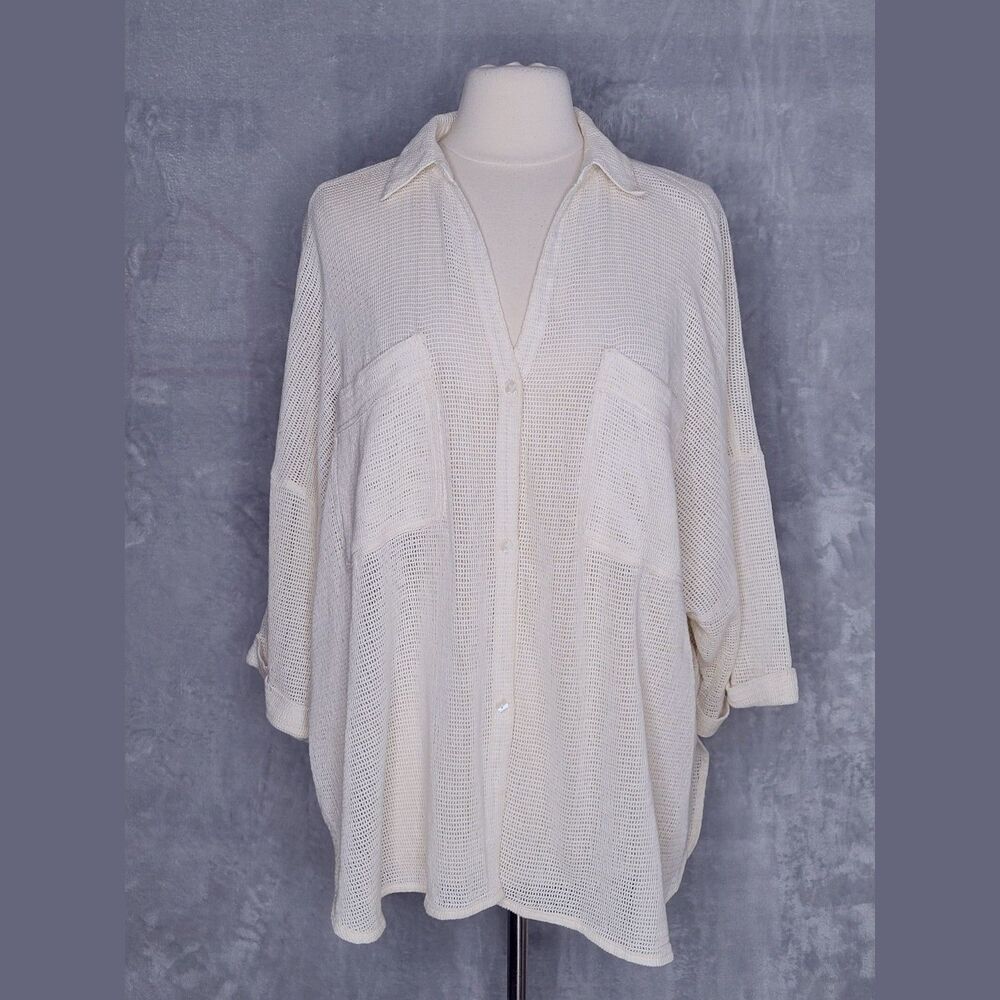 OUT FROM UNDER Ivory Beach Boardwalk Button Down Shirt Size M Mesh Sheer Relaxed